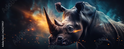 Rhinoceros with bokeh dark sunset background, dark forest panorama. Generative Ai.