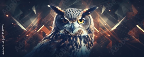 Owl night animal in wild nature with dark sunset background, panorama. Generative Ai.