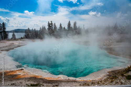 View of geothermal geyser seen from Yellowstone National Park, Wyoming.
