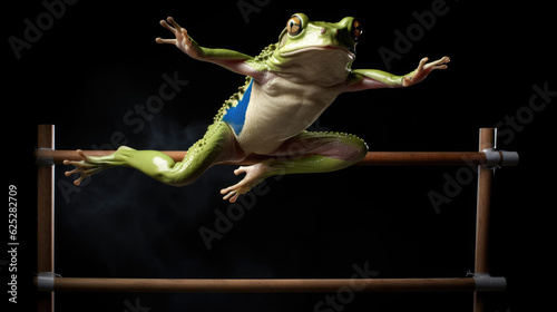 Frog jumping over a high jump bar. Generative AI
