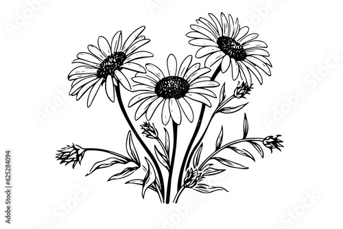Hand drawn chamomile ink sketch. Daisy bouquet engraving vector illustration.
