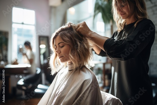 a beautiful blonde model woman in the hairdresser salon gets a new haircut, dyes her hair and style it. sitting on the chair and talks to the hairstylist. Generative AI