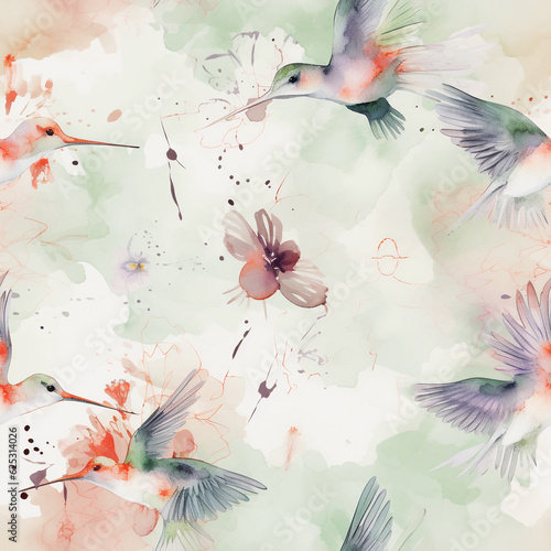 Seamless pattern with exotic hummingbirds in flowers, pastel watercolor style, Generative AI