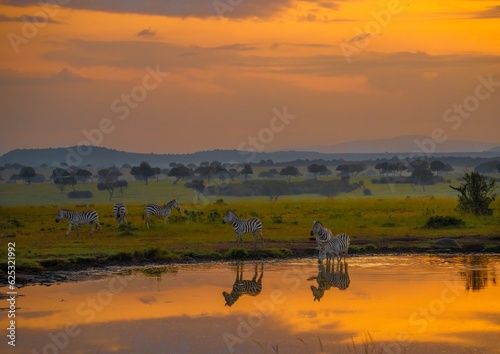 Zebras reflected in a water hole at sunset on the savannah of the Maasai Mara Reserve, Kenya, 