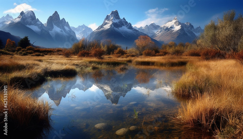 Tranquil scene of mountain range, reflecting in blue water pond generated by AI