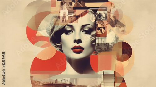 Modernist collage of a 1950s woman's face in black and white with abstract shapes and cropped photos on background, digital art for Horizontal cinematic poster, retro vintage art, big red lips. Ai 