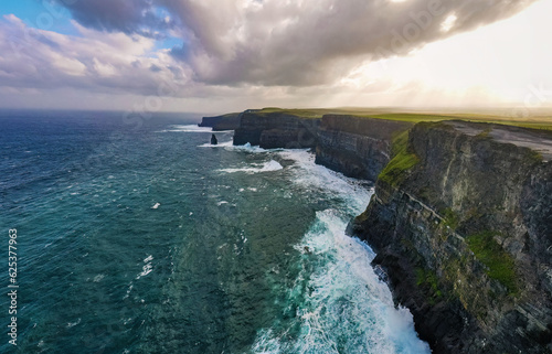 Scenic aerial view of Cliffs of Moher at sunrise