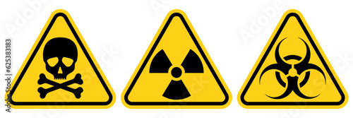 Set hazard danger yellow vector signs. Radiation sign, Biohazard sign, Toxic sign. 