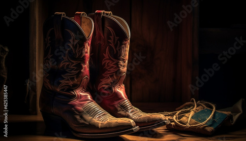Rustic leather cowboy boots with shiny spurs for outdoor fashion generated by AI