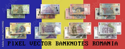 Vector pixel mosaic set of Romanian plastic banknotes. The denomination of banknotes is 1, 5, 10, 20, 50, 100, 200 and 500 Romanian lei. Flyers or play money.