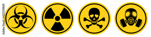 Set hazard danger yellow vector signs. Radiation sign, Biohazard sign, Toxic sign, Gas mask.
