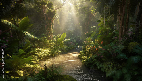 Tranquil scene of a tropical rainforest with lush green foliage generated by AI