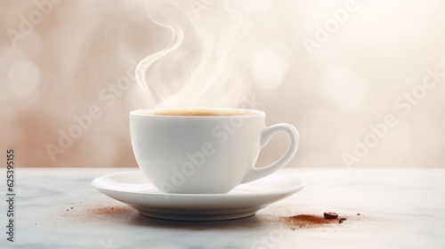 Steaming hot coffee in a white cup .