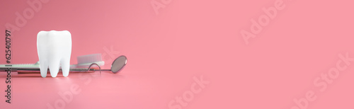 Dental model and dental equipment on pink background, concept image of dental background. panoramic banner with copy space