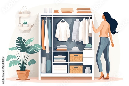 A woman is arranging clothes neatly inside a white wardrobe with open shelves, while also folding laundry in baskets. She is implementing a system to organize and store items efficiently, resulting in