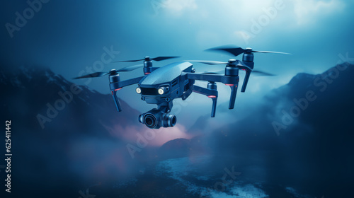 A drone flying high in the sky, capturing aerial images and surveying landscapes, highlighting the use of technology in data collection.Background