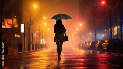 wet road in stromy night with a woman walking at background.