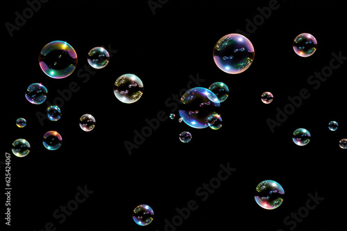 Soap bubbles floating on a black background, Generative AI