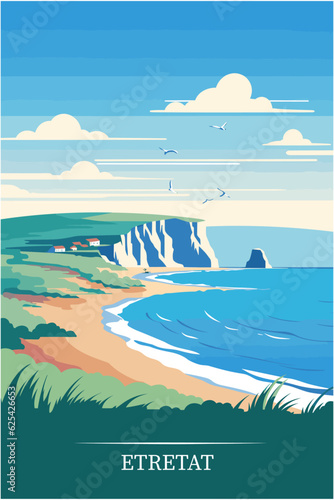 France Etretat village ocean shore landmarks view brochure. Colorful beach summer vector flat poster for Normandy region with nature