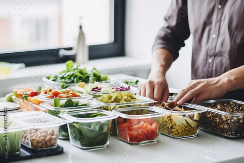 A person doing meal prep with containers filled with healthy food for the week.