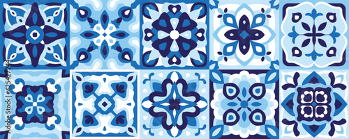 Ceramic tiles set in blue indigo color. Majolica, Azulejo, Spanish pattern, Patchwork ornaments, Portuguese background, decorative pottery design, vector illustration for floor, wall, kitchen interior