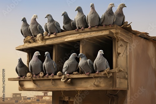 Homing pigeons perched within a pigeon house.