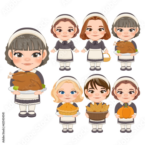 Thanksgiving girls cartoon character with pilgrims costume holding turkey, pie, pumpkin, corns, basket isolated on white background vector