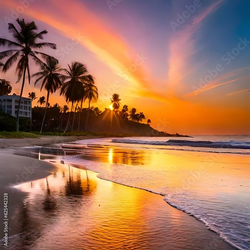 sunset on the beach, palm trees, sunlight, orange clouds , image of sun and orange clouds on the river, water nature , beautifull view, waves of water
