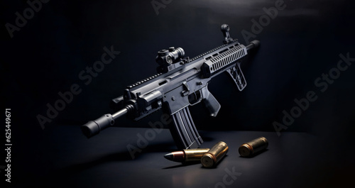 Modern automatic rifle with a silencer and a collimator on black background