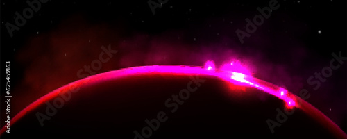 Earth, planet or moon horizon at sunrise or eclipse. Abstract background of dark universe with white stars and pink light ring on planet edge, vector realistic illustration