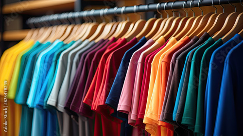 plain t-shirts of different colors hang on a hanger, store interior blur.