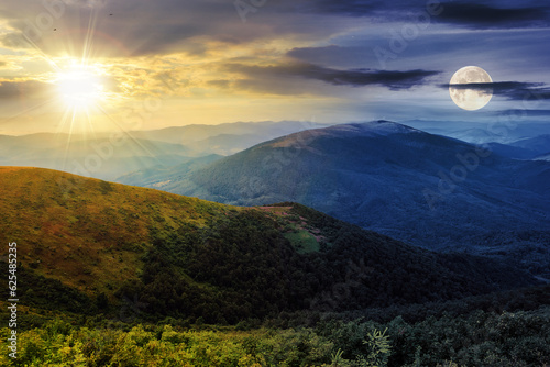 day and night time change concept. summer landscape with sun and moon at twilight. coniferous forest at the foot of Bald Mountain in morning light