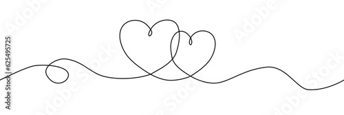Two hearts with continuous hand line drawing of love sign. Minimal vector design.