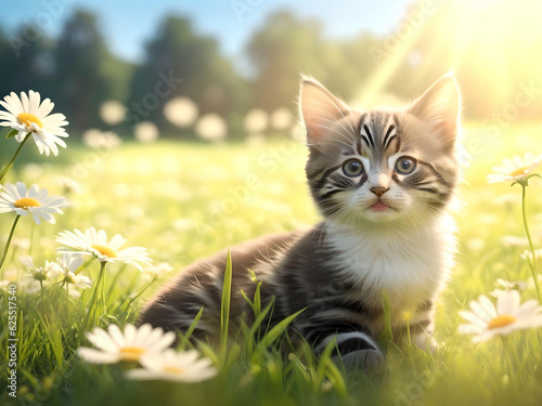 cute kitten on the meadow over grass flower field on day noon light background. AI Generated.