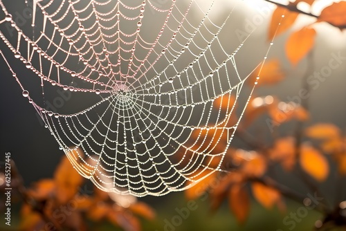 A mesmerizing close-up photo of dew drops delicately clinging to a spider web on a crisp autumn morning. The image captures the beauty and detail of nature during the fall season.