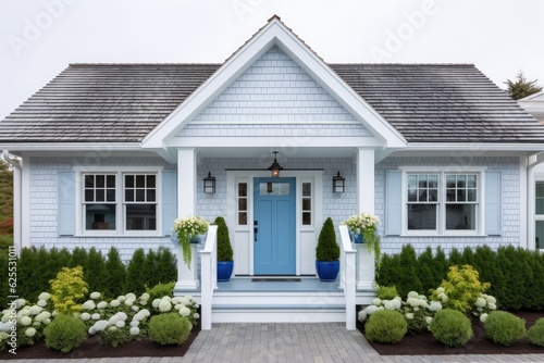 The single family home has a white front door and is adorned with blue shingle siding.