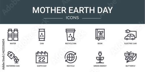 set of 10 outline web mother earth day icons such as water, can, recycle bin, book, electric car, watering can, earth day vector icons for report, presentation, diagram, web design, mobile app