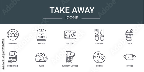set of 10 outline web take away icons such as doughnut, potato, discount, cutlery, juice, food stand, taco vector icons for report, presentation, diagram, web design, mobile app