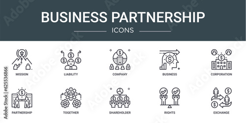 set of 10 outline web business partnership icons such as mission, liability, company, business, corporation, partnership, together vector icons for report, presentation, diagram, web design, mobile