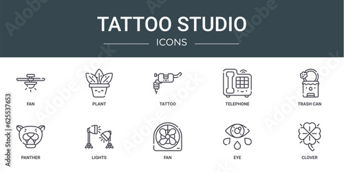 set of 10 outline web tattoo studio icons such as fan, plant, tattoo, telephone, trash can, panther, lights vector icons for report, presentation, diagram, web design, mobile app