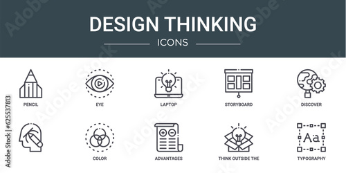 set of 10 outline web design thinking icons such as pencil, eye, laptop, storyboard, discover, , color vector icons for report, presentation, diagram, web design, mobile app