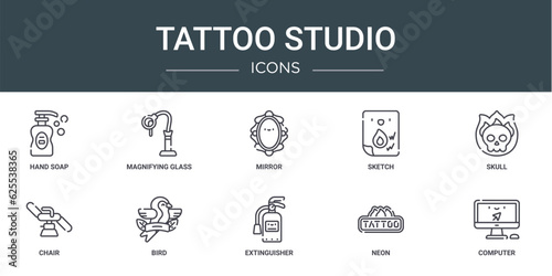 set of 10 outline web tattoo studio icons such as hand soap, magnifying glass, mirror, sketch, skull, chair, bird vector icons for report, presentation, diagram, web design, mobile app