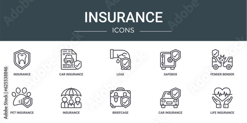 set of 10 outline web insurance icons such as insurance, car insurance, leak, safebox, fender bender, pet vector icons for report, presentation, diagram, web design, mobile app