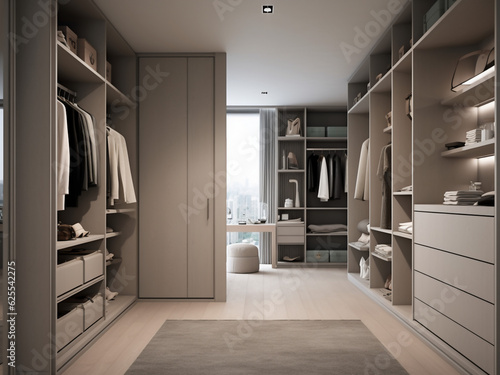 Contemporary interior design for a grey walk-in wardrobe. Generative AI