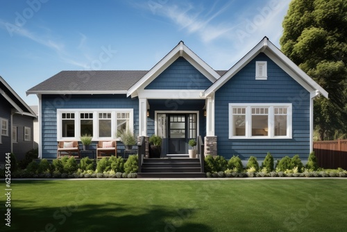 The image exhibits the front display of a recently built residence featuring blue vinyl siding. The house, designed in a ranch style, is accompanied by a spacious yard.