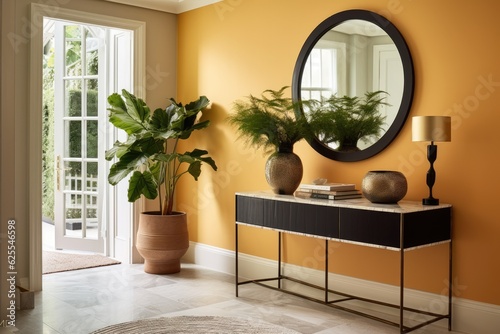 The hallway has chic furniture and a round mirror hanging on a bright wall.