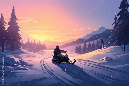 Illustration of a snowmobile on a winter path. Generative AI.