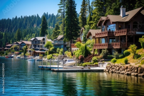 Rockford Bay in Idaho, USA offers a breathtaking scene of Lake Coeur dAlene, encompassing stunning waterfront residences, boating docks, and a bustling marina.