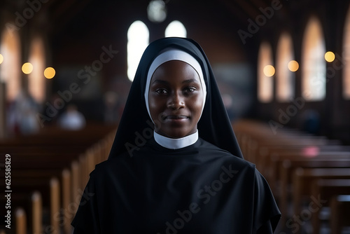 Portrait of a black african catholic nun in church background
