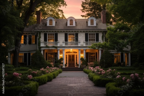 Stunning colonial American residence illuminated by the warm hues of sunset.